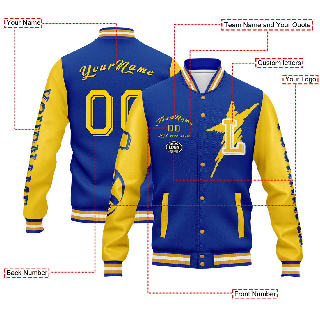 Corporate Gifts,Custom Blue Yellow Los Angeles Jacket Bomber Full-Snap Varsity Letterman Personalized Jacket FZ005SX-D020290-15