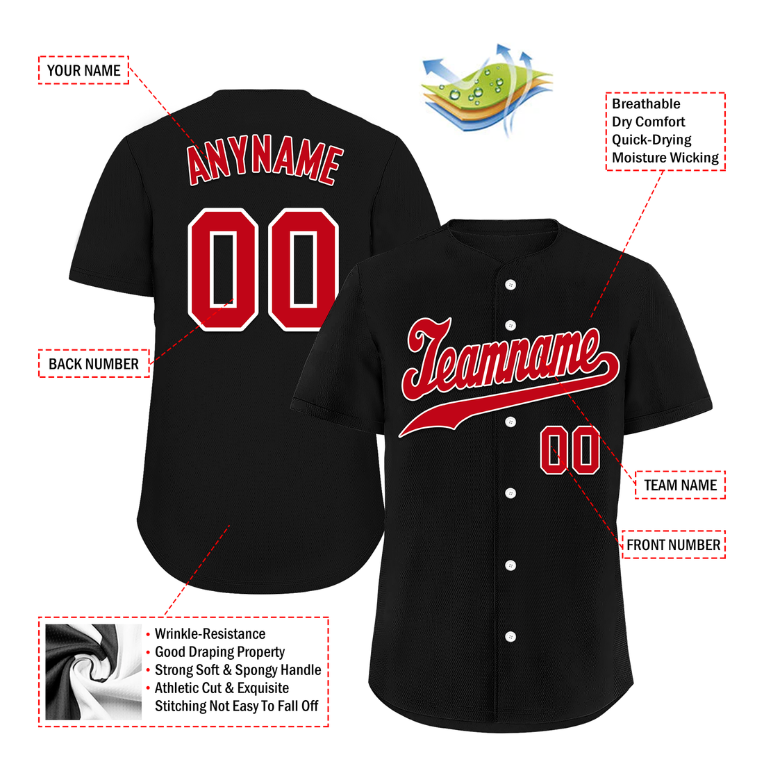 Unique Gift,Custom Black Classic Style Red Personalized Authentic Baseball Jersey BSBJ01-bd0faae