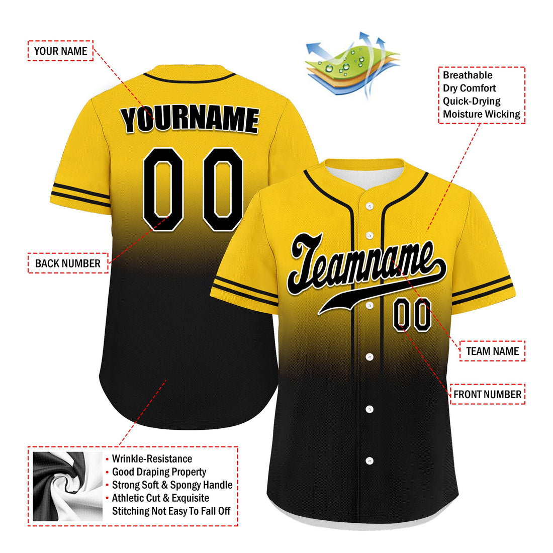 Luxury Gifts,Custom Yellow Black Fade Fashion Personalized Authentic Baseball Jersey UN002-bd0b007b-c