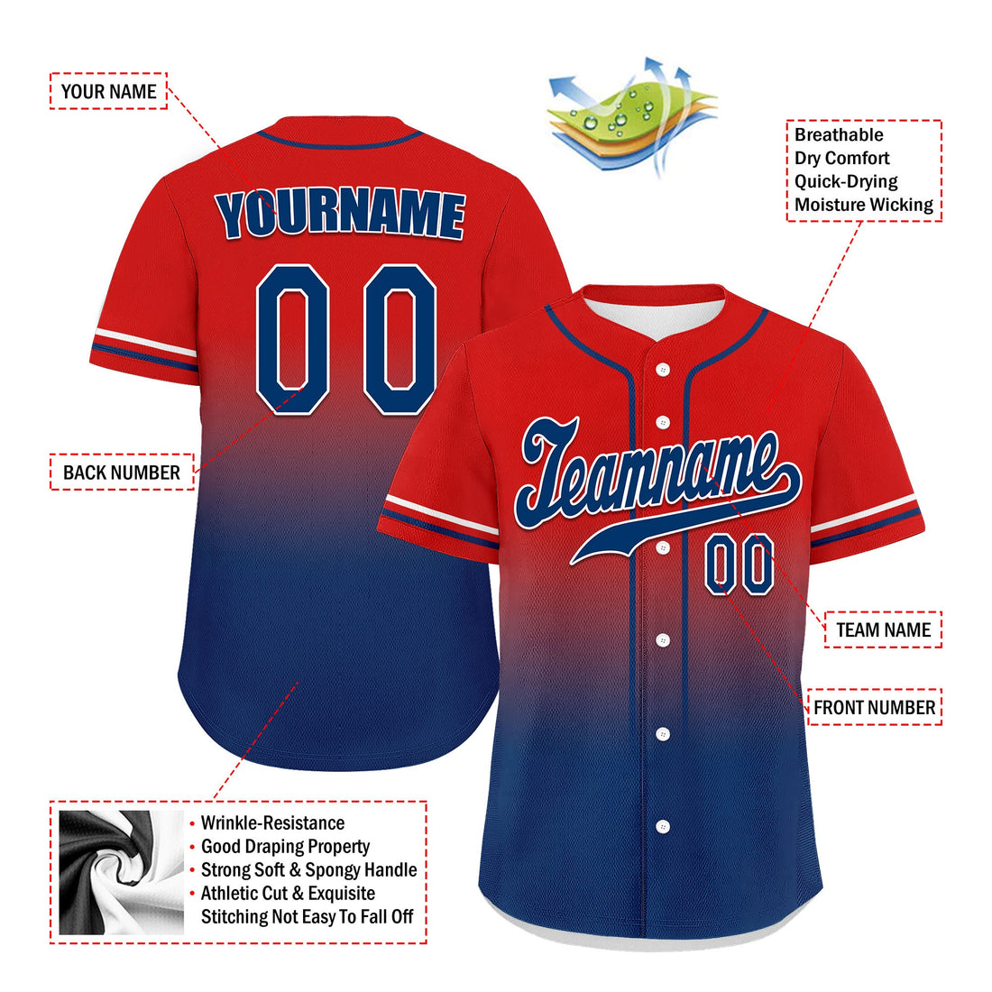 Luxury Gifts,Custom Red Blue Fade Fashion Personalized Authentic Baseball Jersey UN002-bd0b007b-e