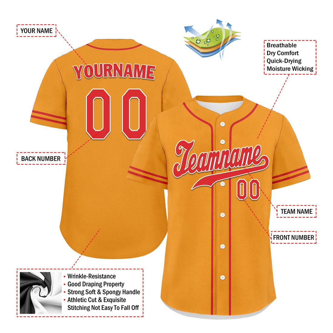 Unique Gift,Custom Yellow Classic Style Red Personalized Authentic Baseball Jersey UN002-bd0b00d8-ad
