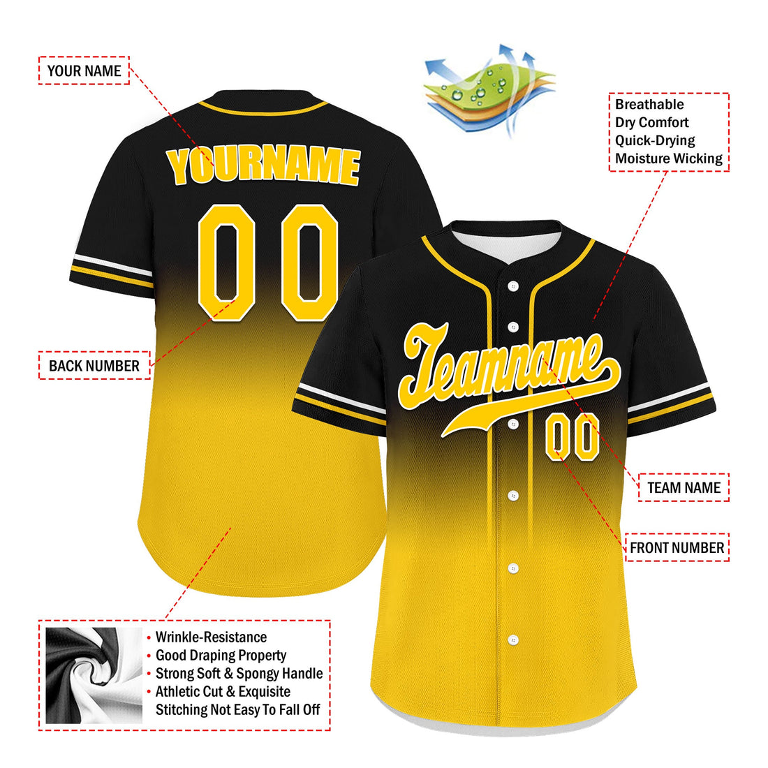 Custom Black Yellow Fade Fashion Personalized Authentic Baseball Jersey UN002-bd0b007b-b