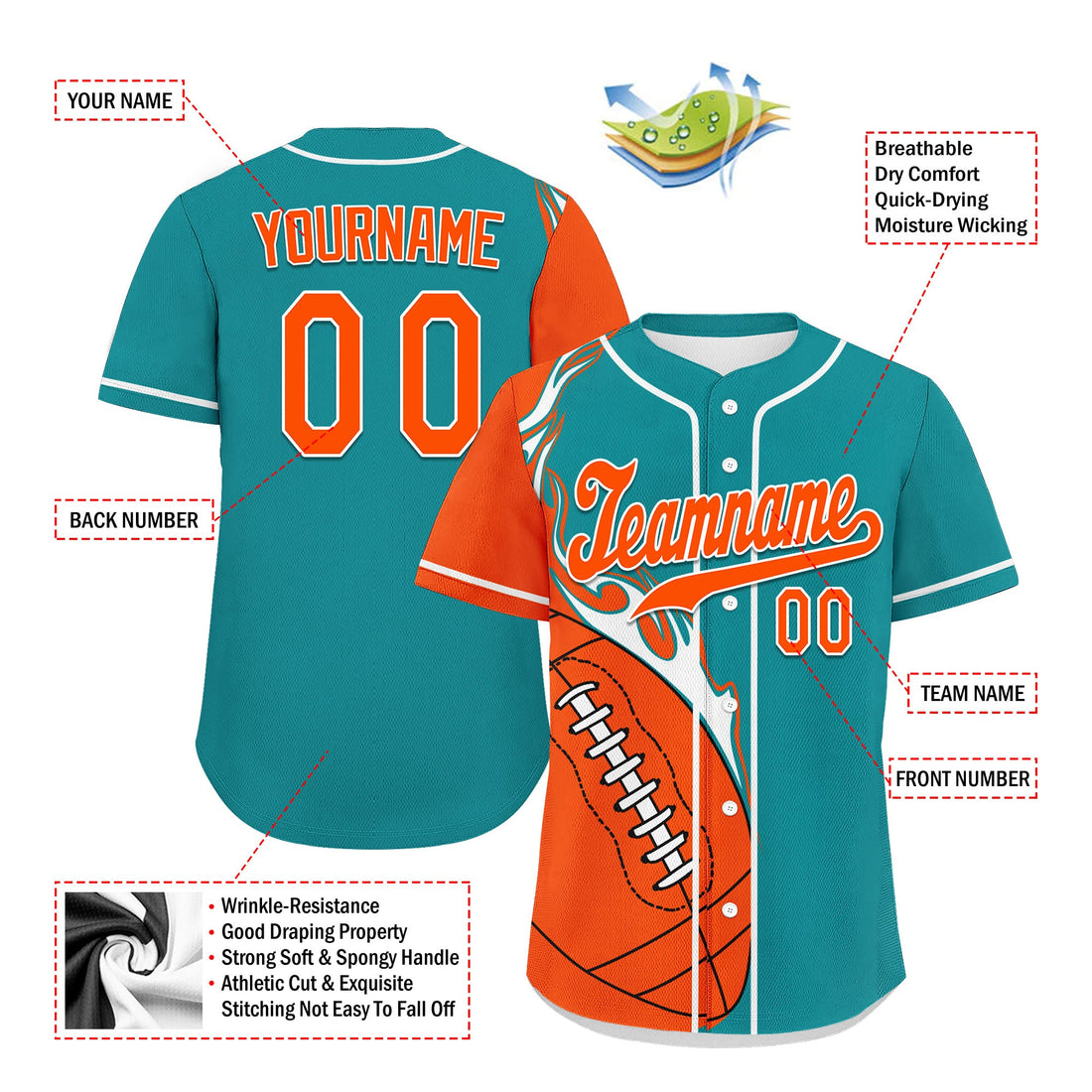 Client Gifts,Custom Cyan Orange Classic Style Personalized Authentic Baseball Jersey UN002-D0b0a00-ba