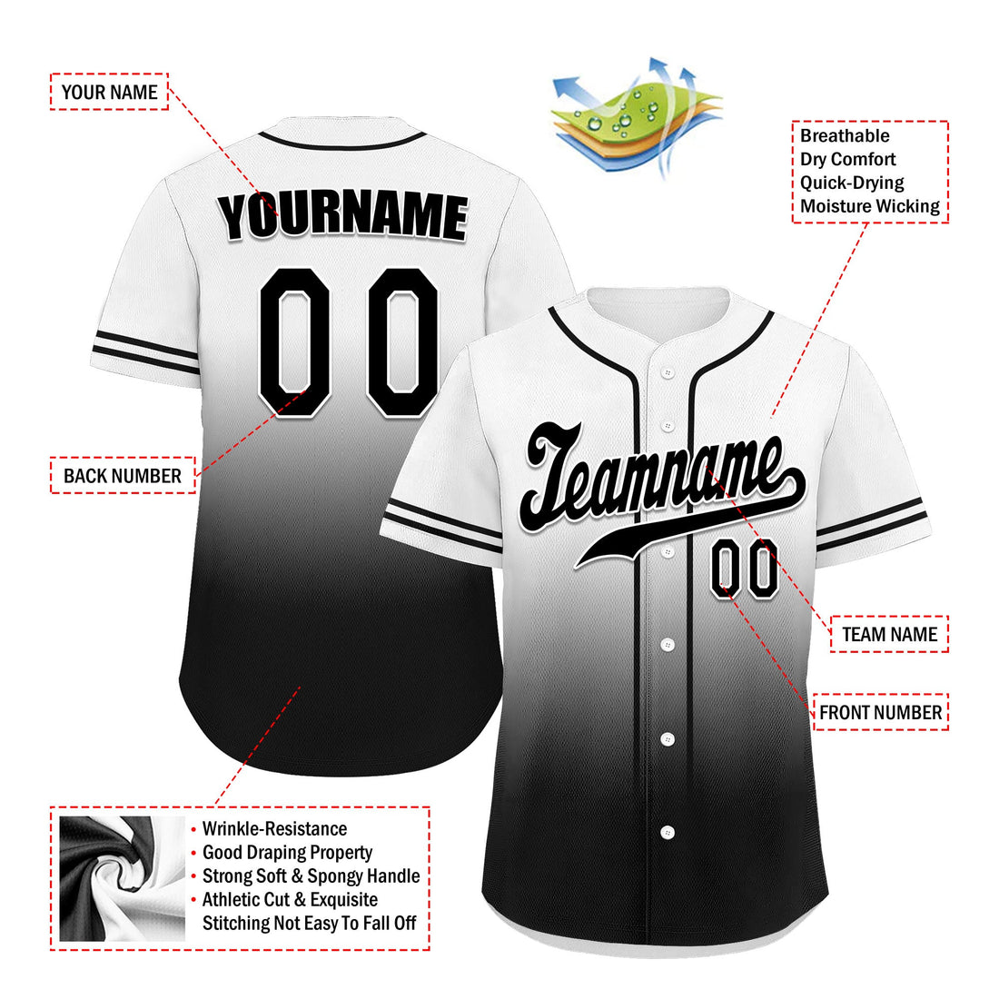 Luxury Gifts,Custom White Black Fade Fashion Personalized Authentic Baseball Jersey UN002-bd0b007b-d