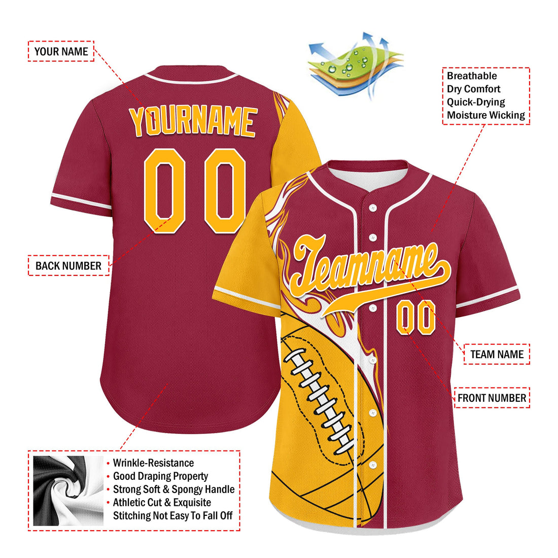 Client Gifts,Custom Red Yellow Classic Style Personalized Authentic Baseball Jersey UN002-D0b0a00-b