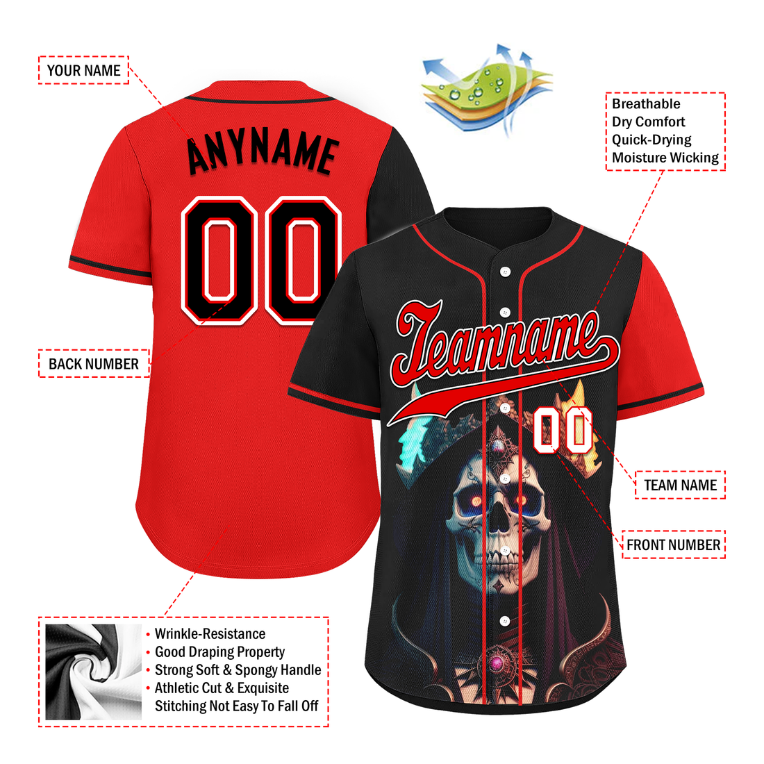 Custom Black Red Skull Fashion Personalized Authentic Baseball Jersey BSBJ01-D017159