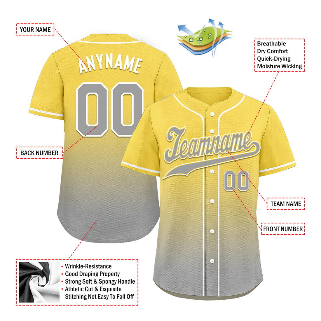 Corporate Gifts,Custom Yellow Grey Fade Fashion Personalized Authentic Baseball Jersey BSBJ01-D0a70fb