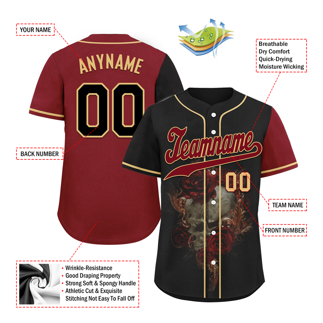 Corporate Gifts,Custom Black Red Skull Fashion Personalized Authentic Baseball Jersey BSBJ01-D017141