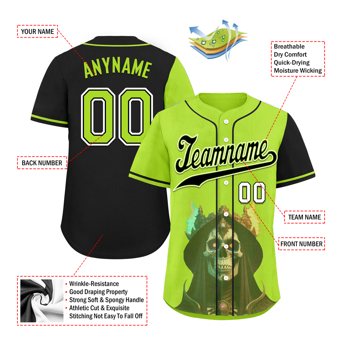 Custom Green Black Skull Fashion Personalized Authentic Baseball Jersey BSBJ01-D017153