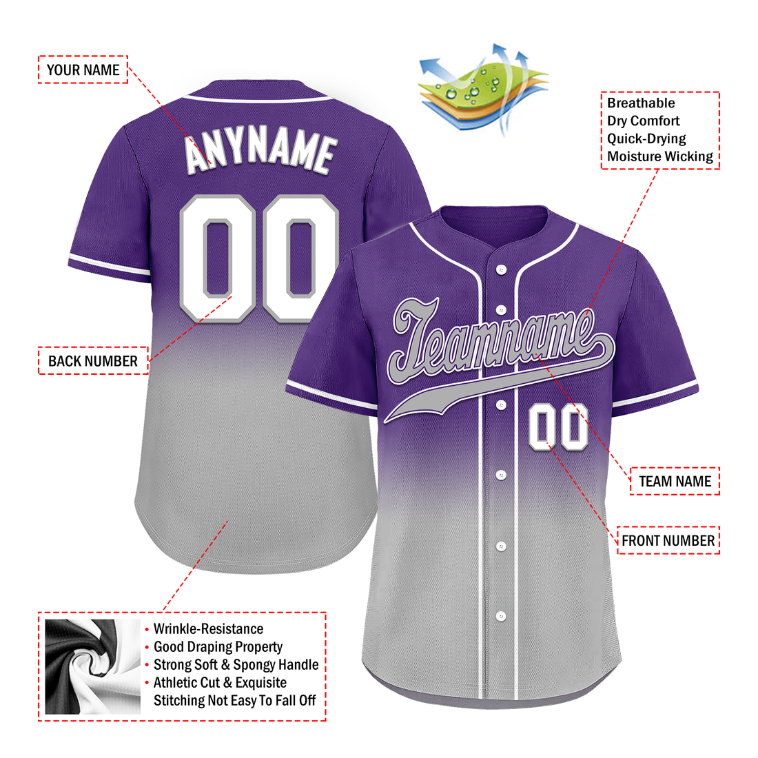 Corporate Gifts,Custom Purple Grey Fade Fashion Personalized Authentic Baseball Jersey BSBJ01-D0a70cd