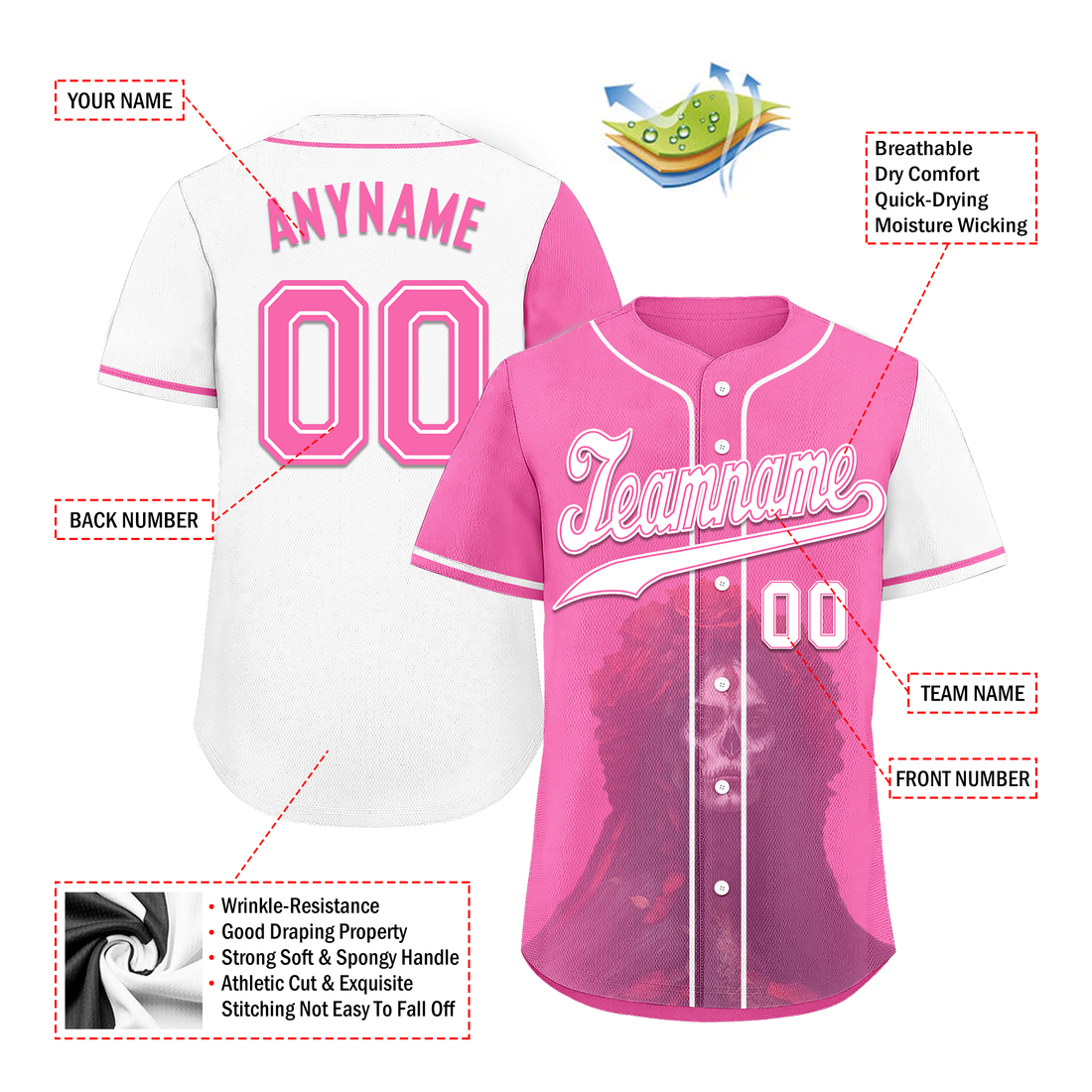 Corporate Gifts,Custom Pink White Skull Fashion Personalized Authentic Baseball Jersey BSBJ01-D017151