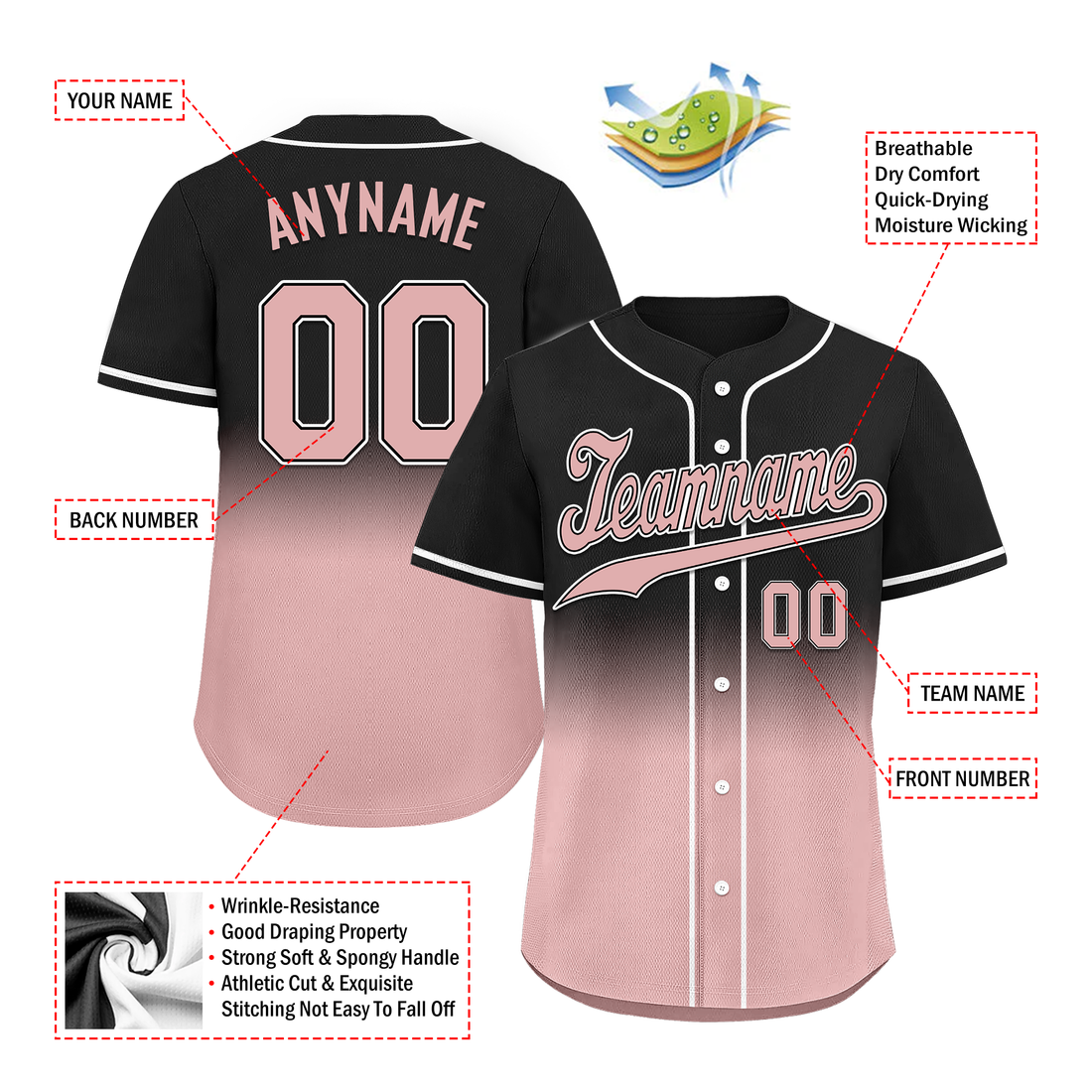 Corporate Gifts,Custom Black Pink Fade Fashion Personalized Authentic Baseball Jersey BSBJ01-D0a70d9