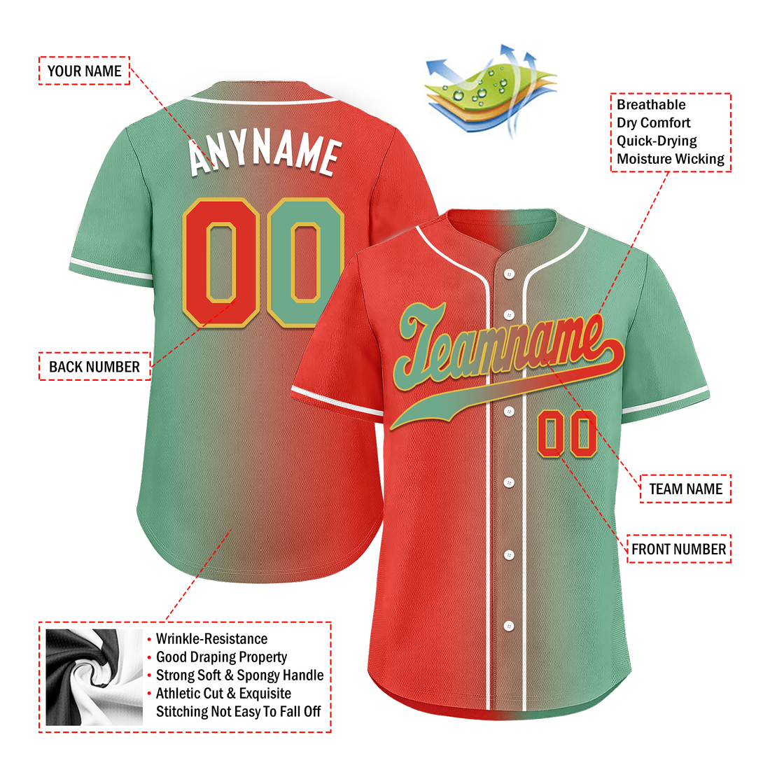 Luxury Gifts,Custom Red Green Gradient Fashion Personalized Authentic Baseball Jersey BSBJ01-D0a7a09
