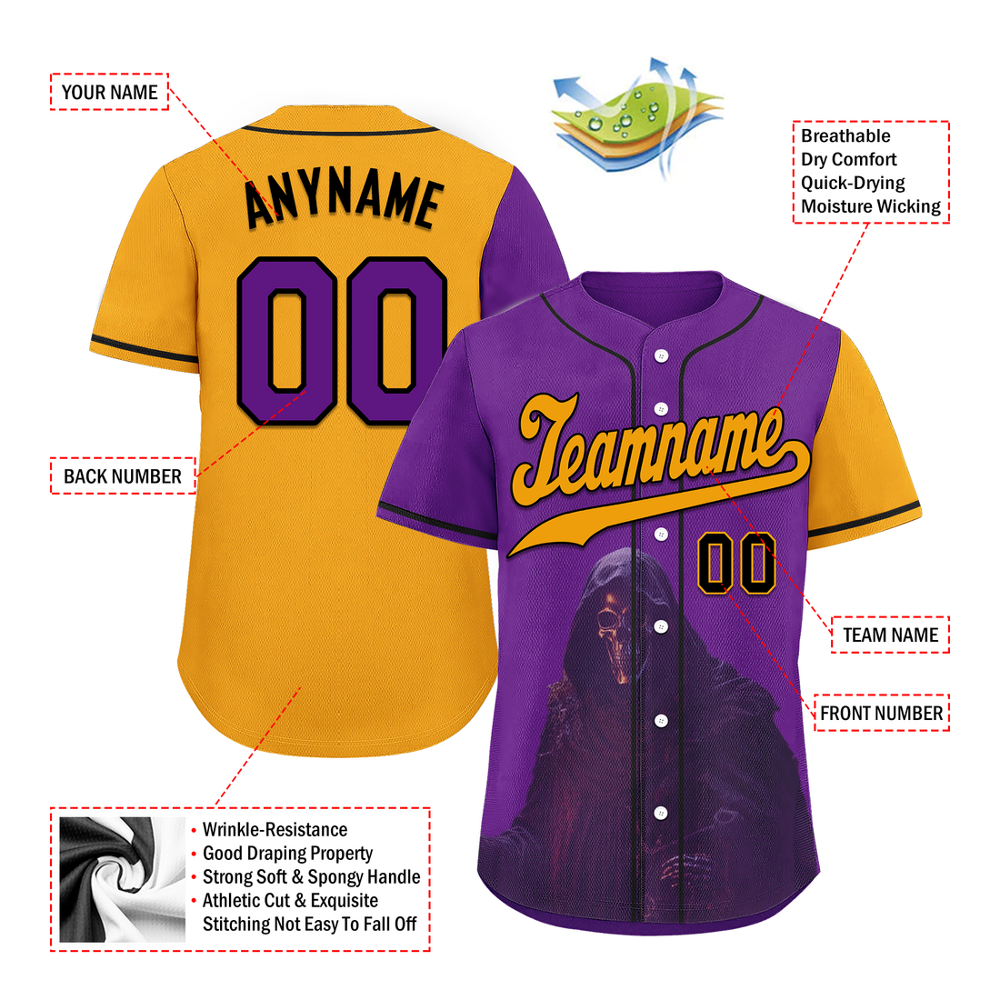 Corporate Gifts,Custom Purple Yellow Skull Fashion Personalized Authentic Baseball Jersey BSBJ01-D017149
