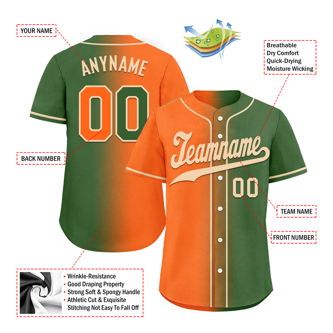 Luxury Gifts,Custom Orange Green Gradient Fashion Personalized Authentic Baseball Jersey BSBJ01-D0a708d
