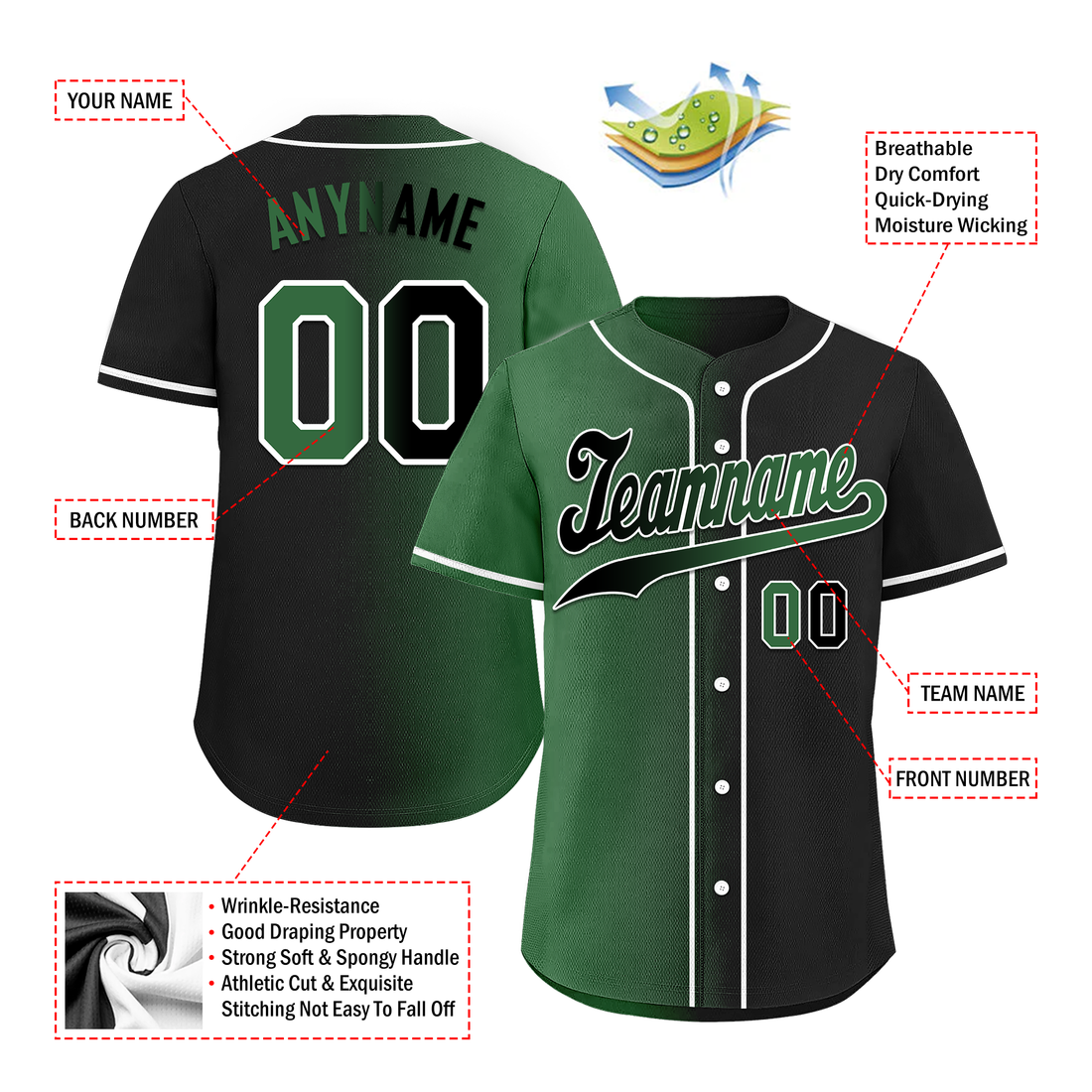 Custom Green Black Gradient Fashion Personalized Authentic Baseball Jersey BSBJ01-D0a707c