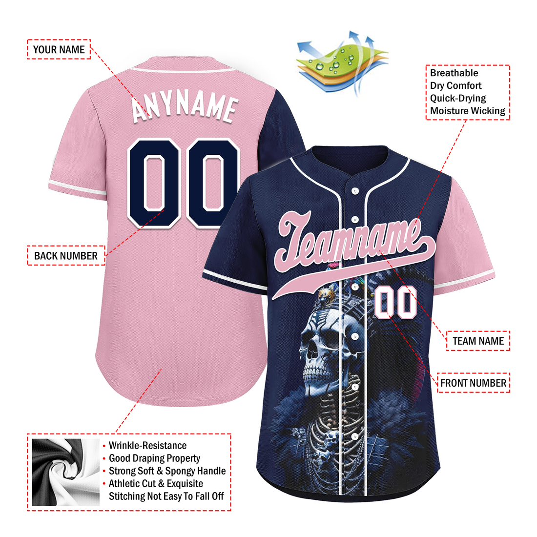 Custom Blue Pink Skull Fashion Personalized Authentic Baseball Jersey BSBJ01-D017145