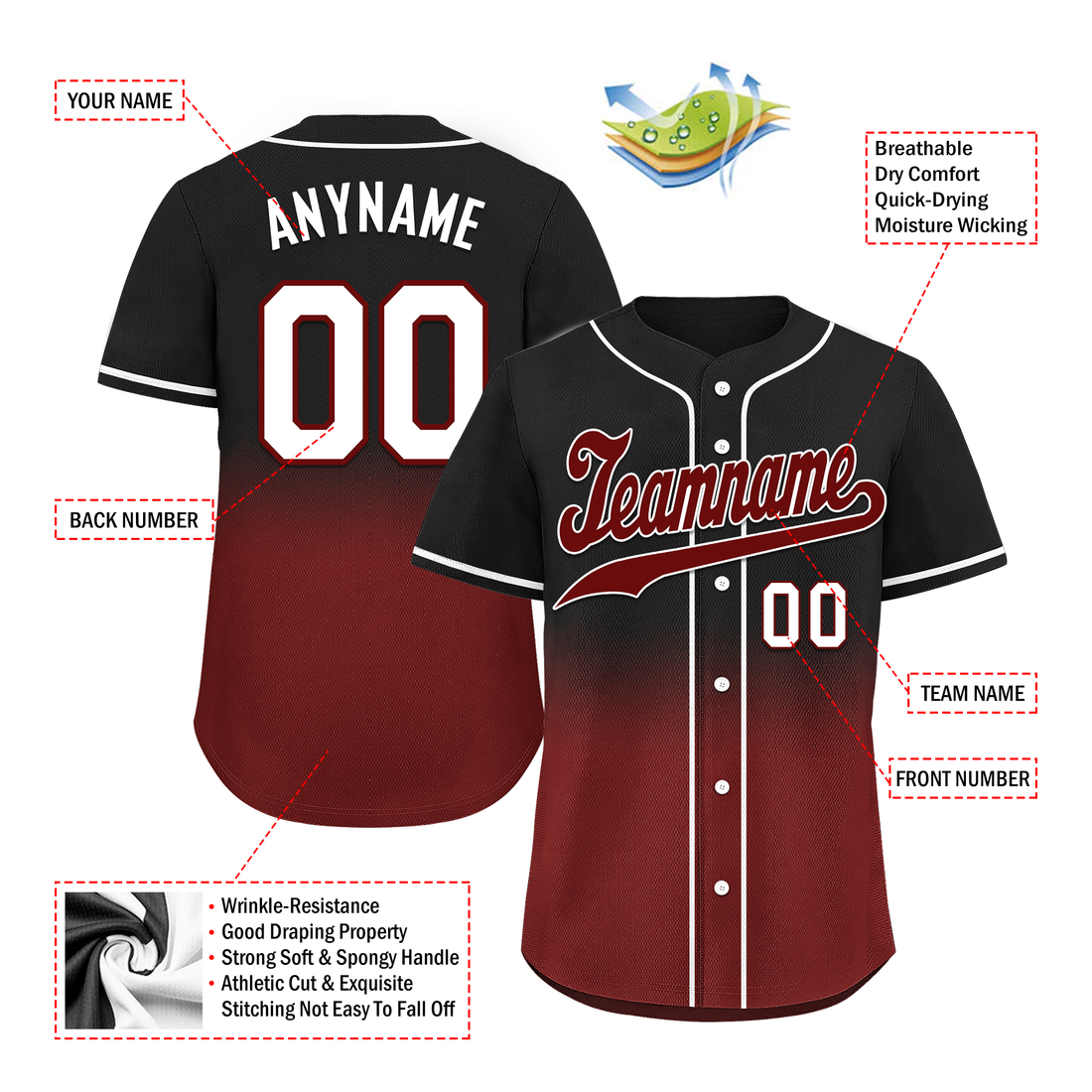 Custom Black Red Fade Fashion Personalized Authentic Baseball Jersey BSBJ01-D0a70f0