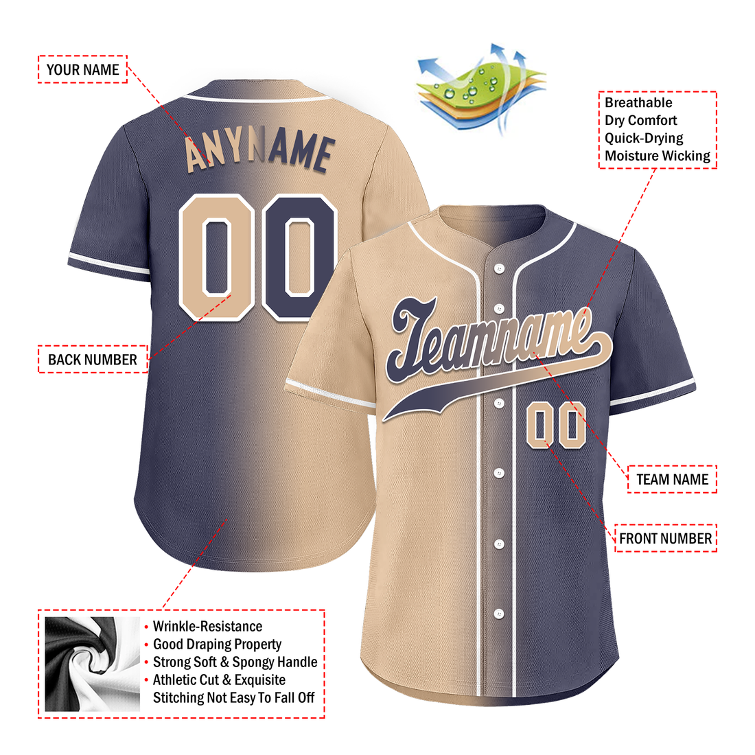 Custom Beige Blue Gradient Fashion Personalized Authentic Baseball Jersey BSBJ01-D0a7080