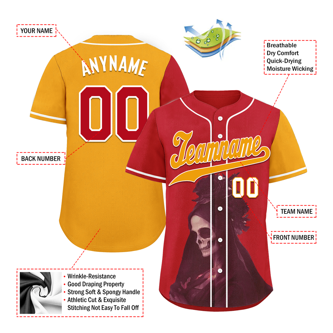 Custom Red Yellow Skull Fashion Personalized Authentic Baseball Jersey BSBJ01-D017150