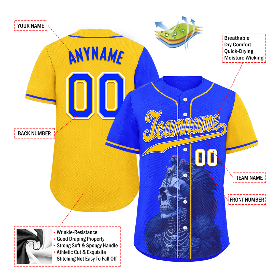 Custom Blue Yellow Skull Fashion Personalized Authentic Baseball Jersey BSBJ01-D017157
