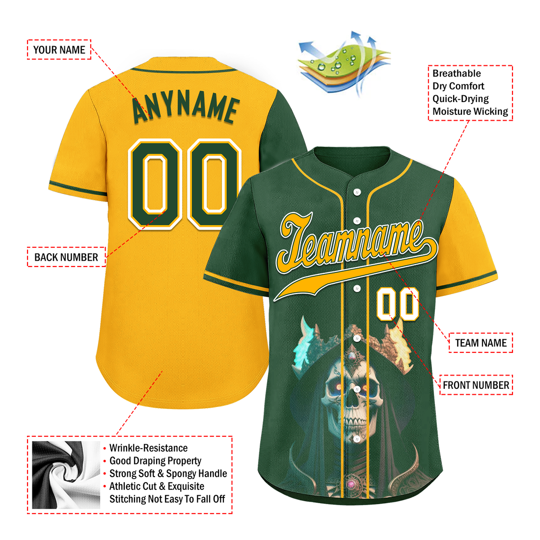 Custom Green Yellow Skull Fashion Personalized Authentic Baseball Jersey BSBJ01-D017154