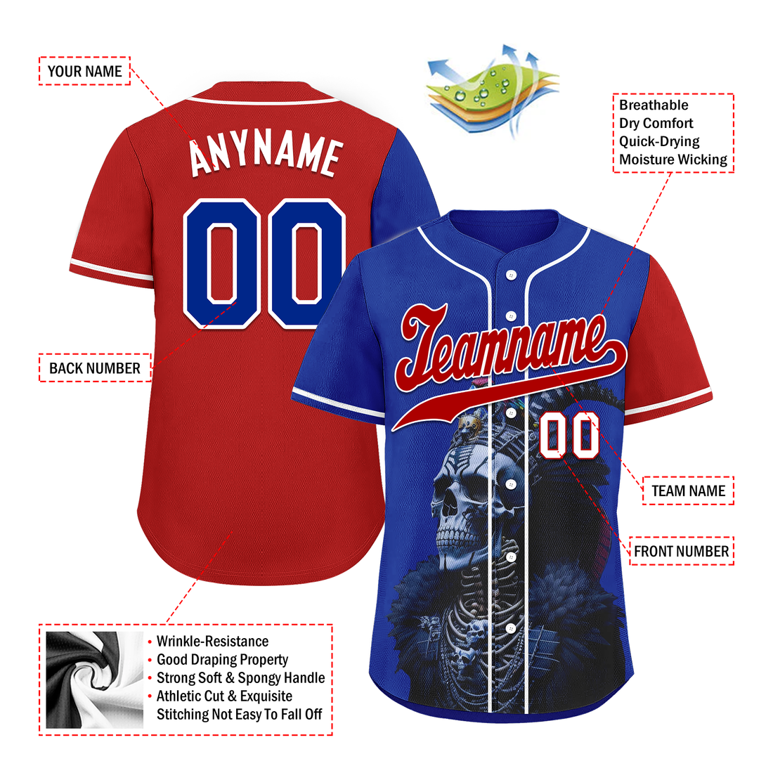 Custom Blue Red Skull Fashion Personalized Authentic Baseball Jersey BSBJ01-D017146