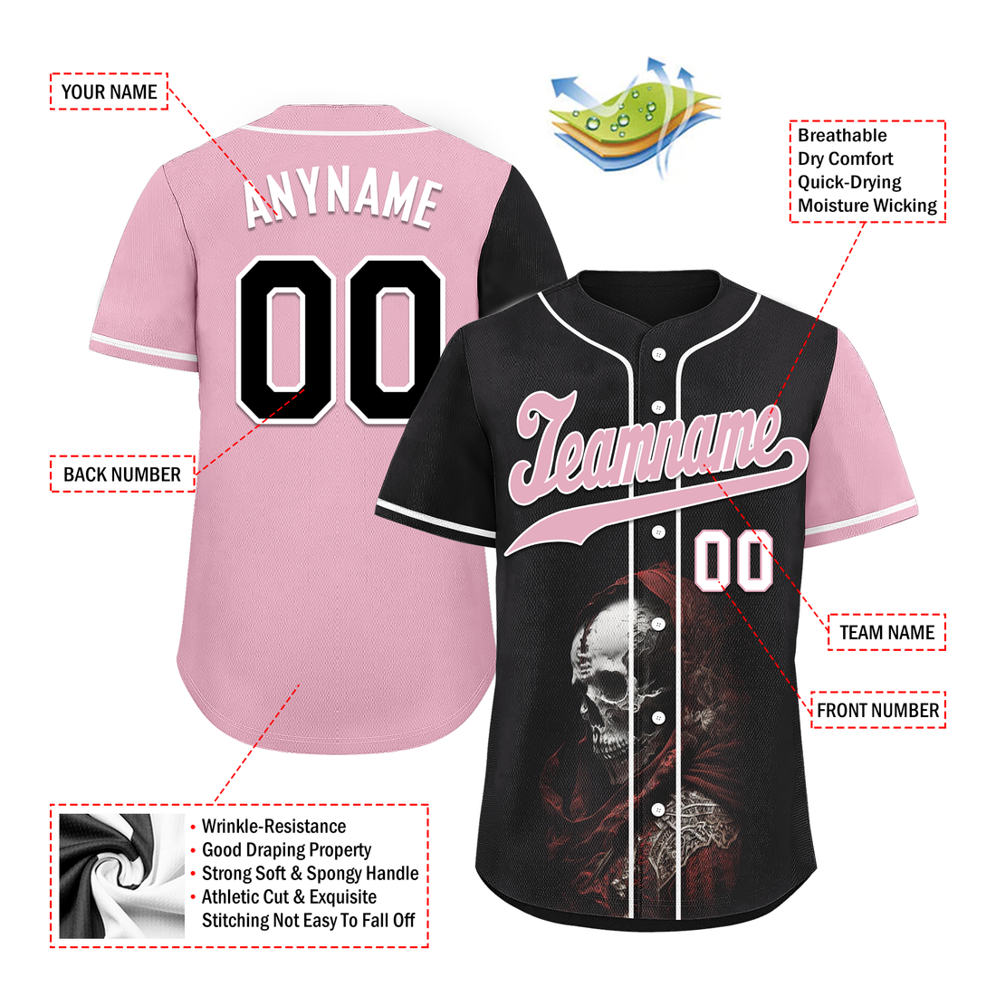 Corporate Gifts,Custom Black Red Skull Fashion Personalized Authentic Baseball Jersey BSBJ01-D017148