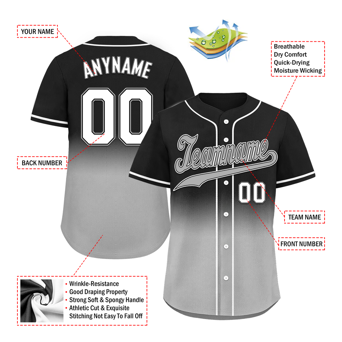 Custom Black Grey Fade Fashion Personalized Authentic Baseball Jersey BSBJ01-D0a70cf
