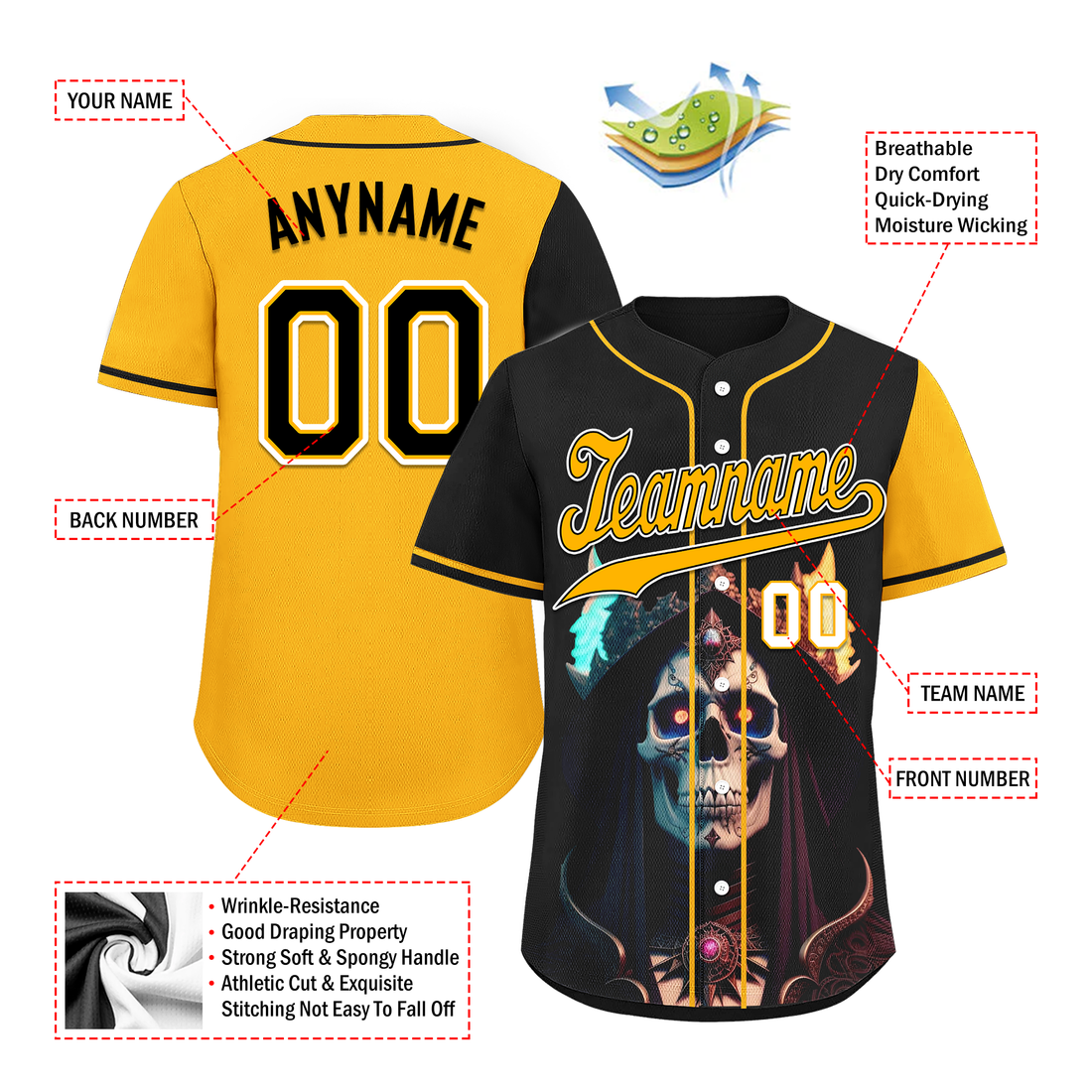 Custom Black Yellow Skull Fashion Personalized Authentic Baseball Jersey BSBJ01-D017155