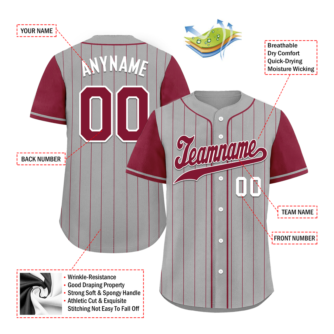 Corporate Gifts,Custom Gray Red Stripe Fashion Personalized Authentic Baseball Jersey BSBJ01-D017260