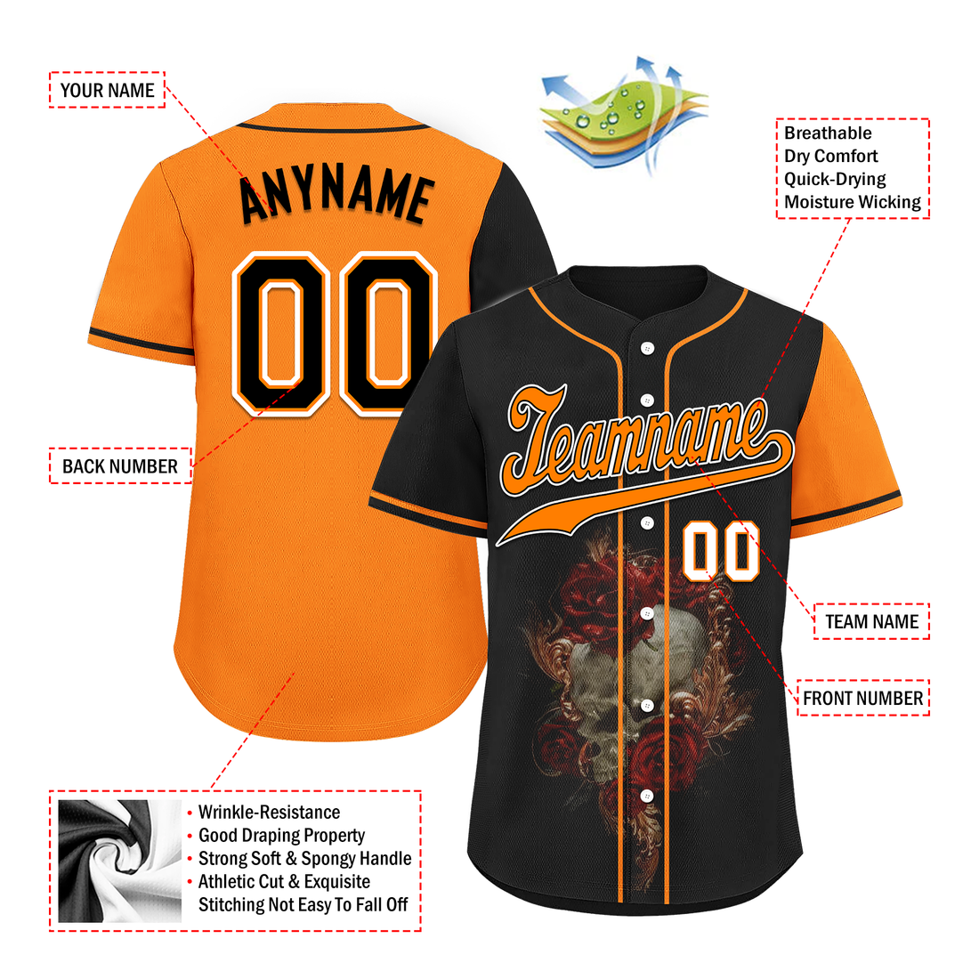 Custom Black Orange Skull Fashion Personalized Authentic Baseball Jersey BSBJ01-D017156