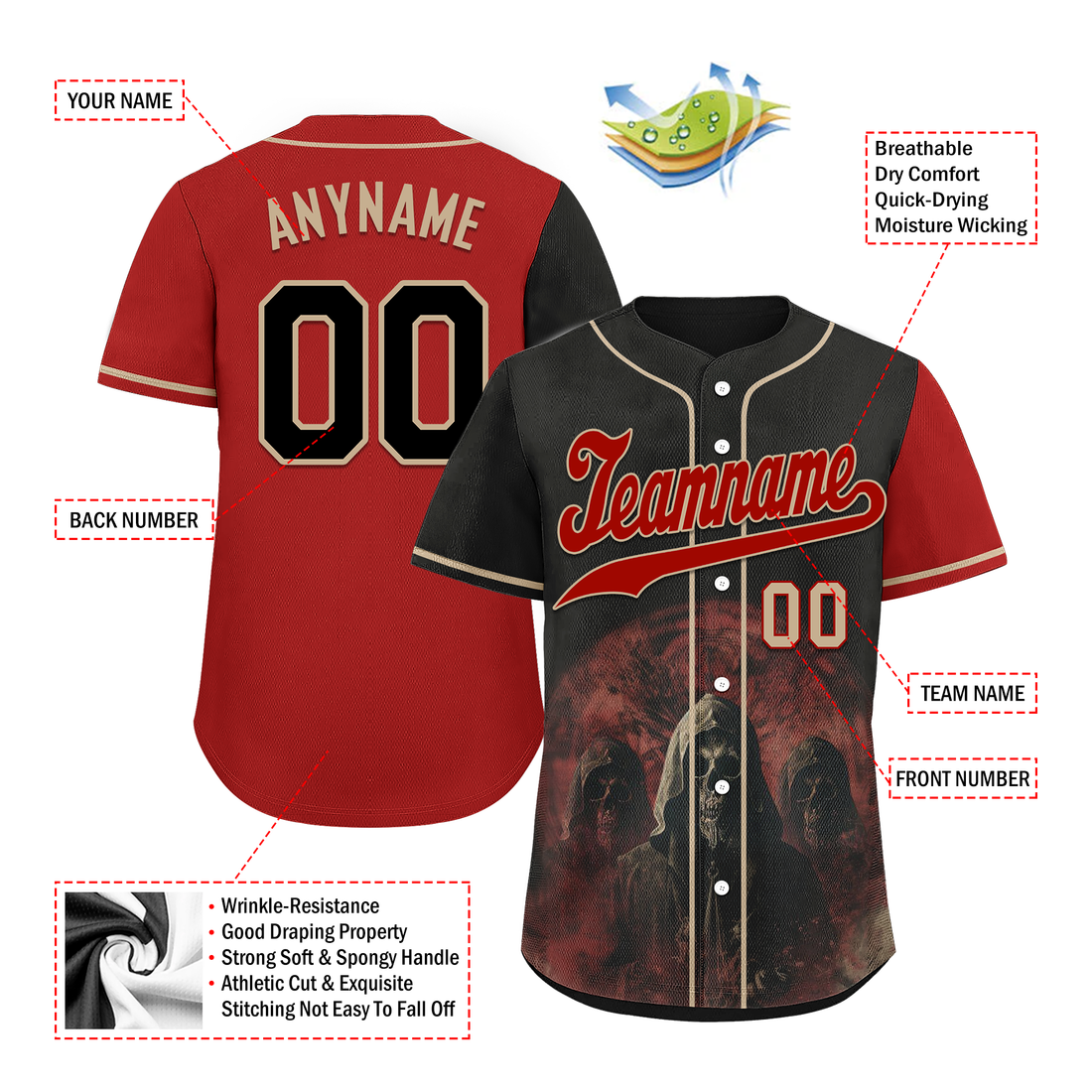 Custom Black Red Skull Fashion Personalized Authentic Baseball Jersey BSBJ01-D017143