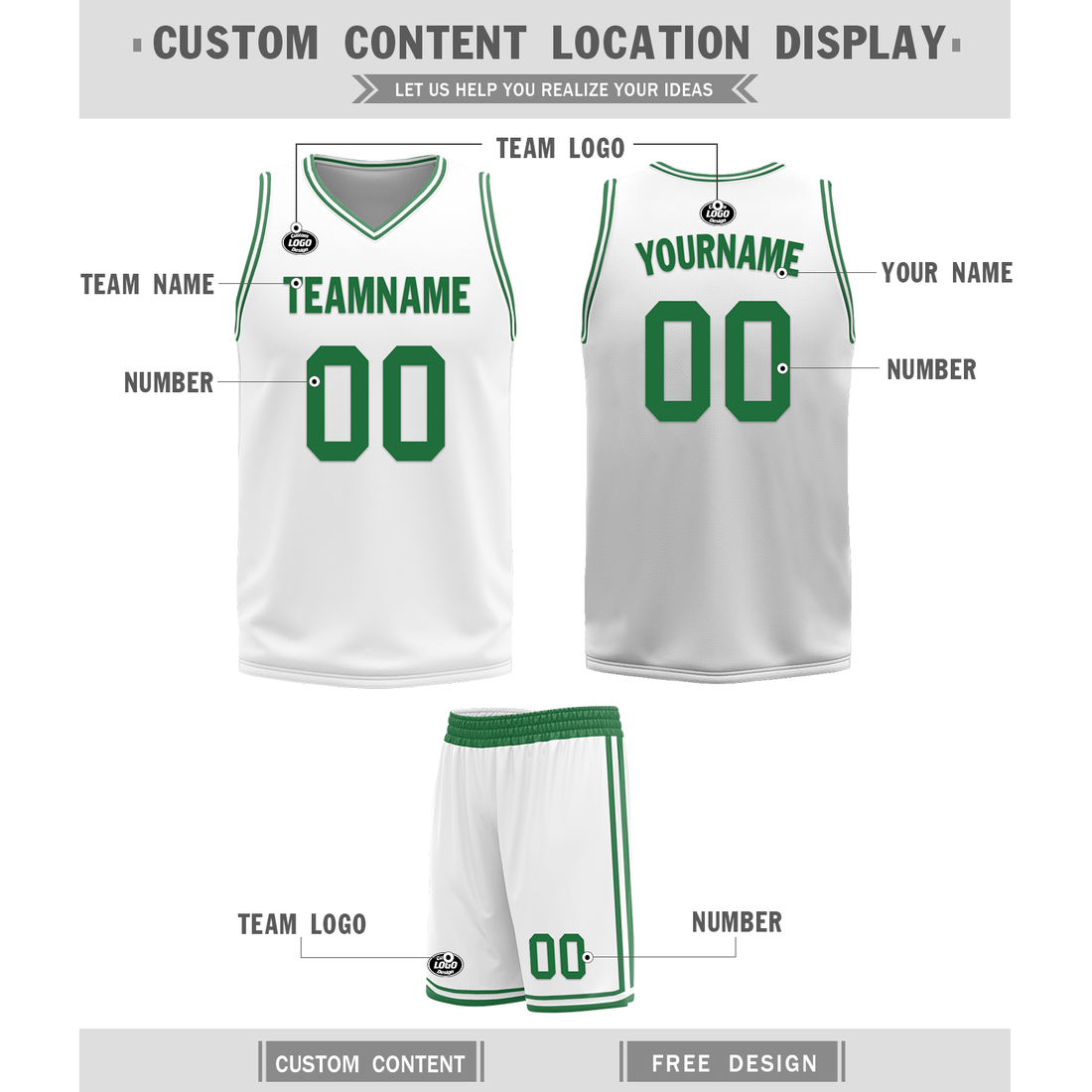 Gift Ideas,Custom Green White Classic Style Reversible Basketball Uniform Personalized BBJR-D017001