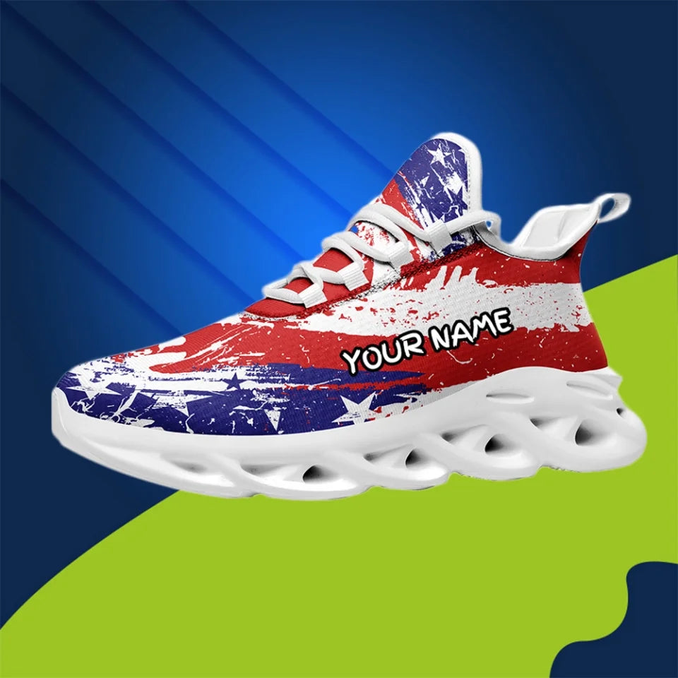 Custom Patriotic American Flag Fashion Sneakers | Personalized USA Flag Running Shoes with Name, Logo | Gift For Sneaker Lover | MaxSoul-B03001