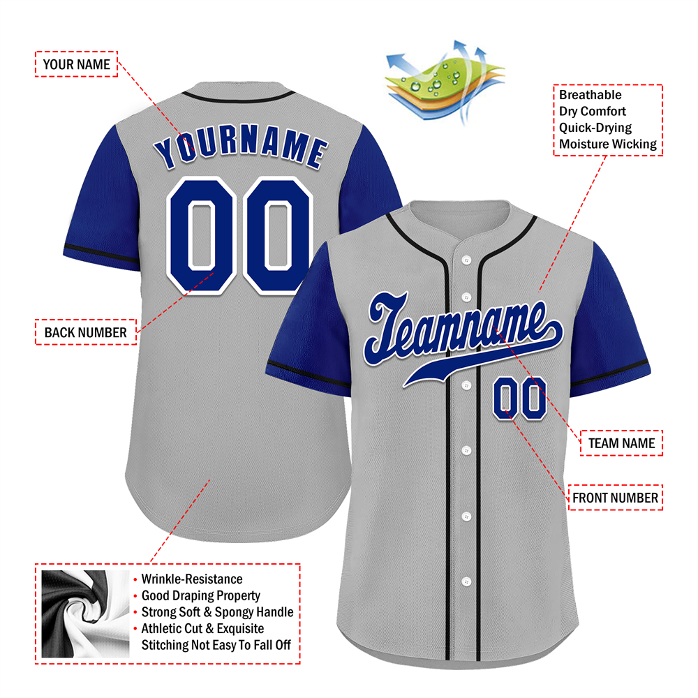 Corporate Gifts,Custom Grey Blue Raglan Sleeves Blue Authentic Baseball Jersey