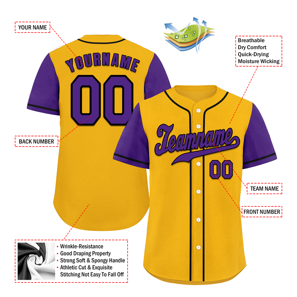 Corporate Gifts,Custom Yellow Purple Raglan Sleeves Purple Authentic Baseball Jersey