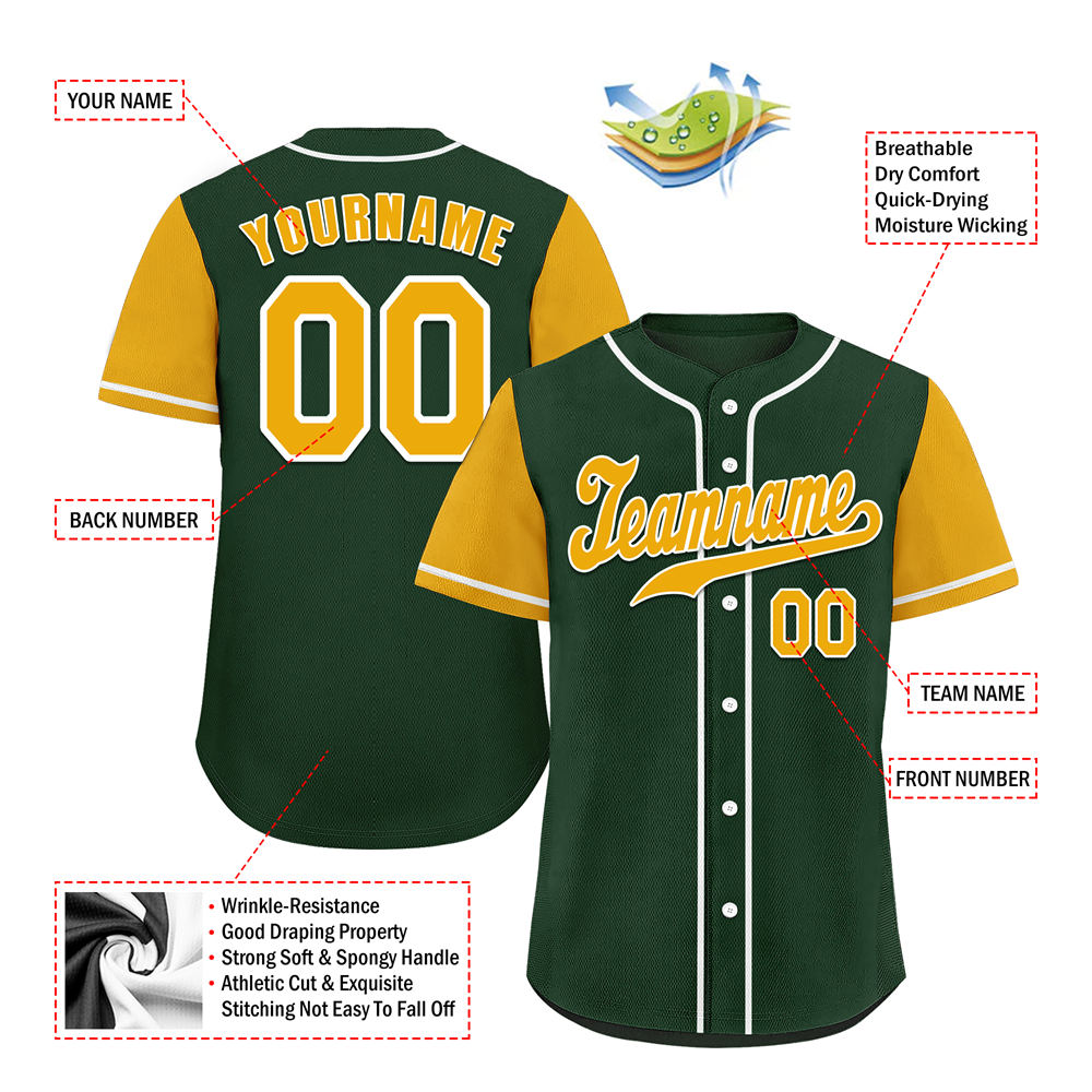 Corporate Gifts,Custom Green Yellow Raglan Sleeves Yellow Authentic Baseball Jersey