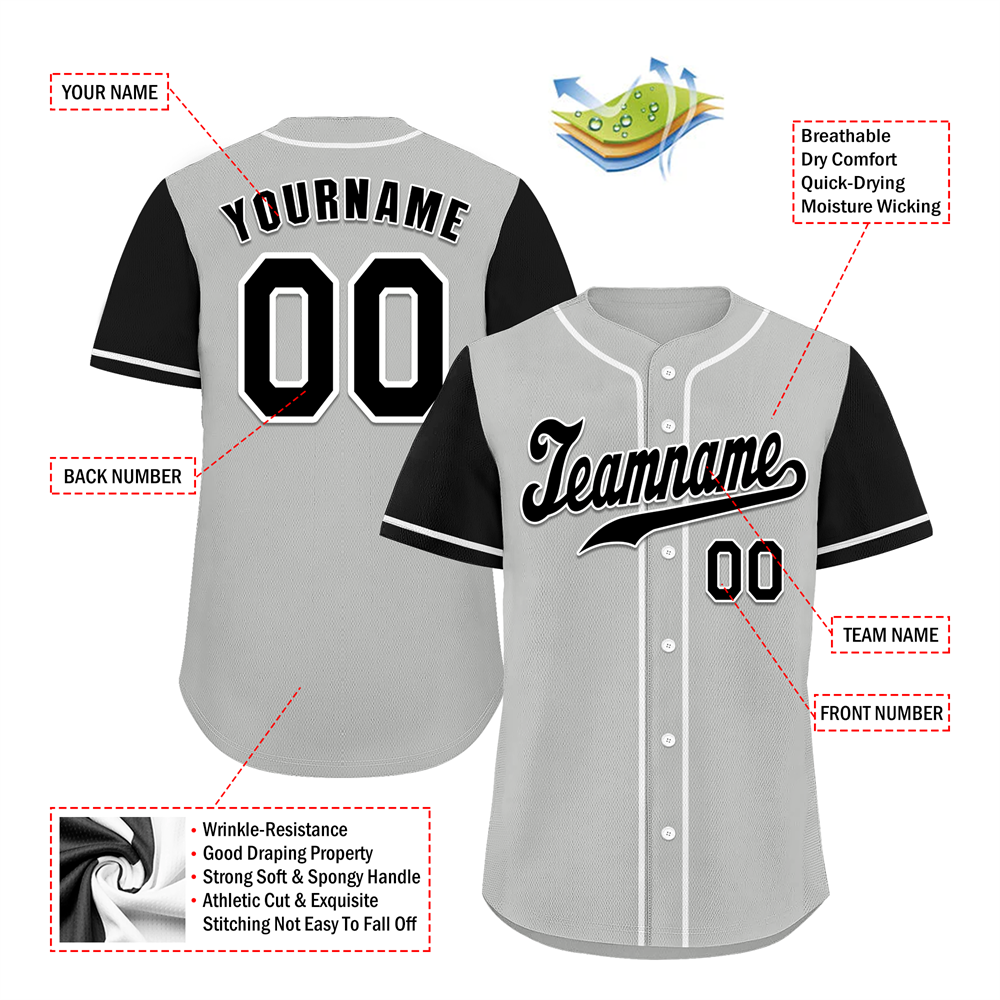 Corporate Gifts,Custom Grey Black Raglan Sleeves Black Authentic Baseball Jersey