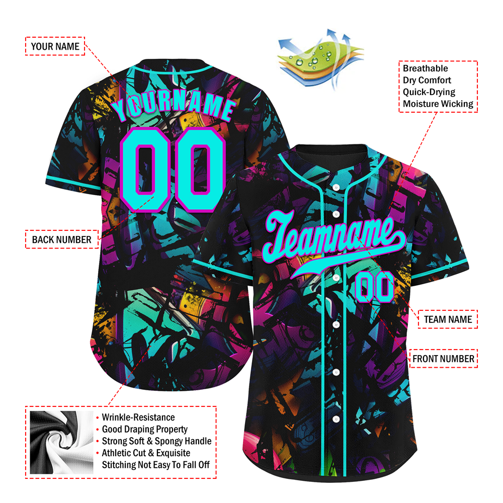 Corporate Gifts,Custom Colorful Graffiti Pattern Aqua Authentic Baseball Jersey
