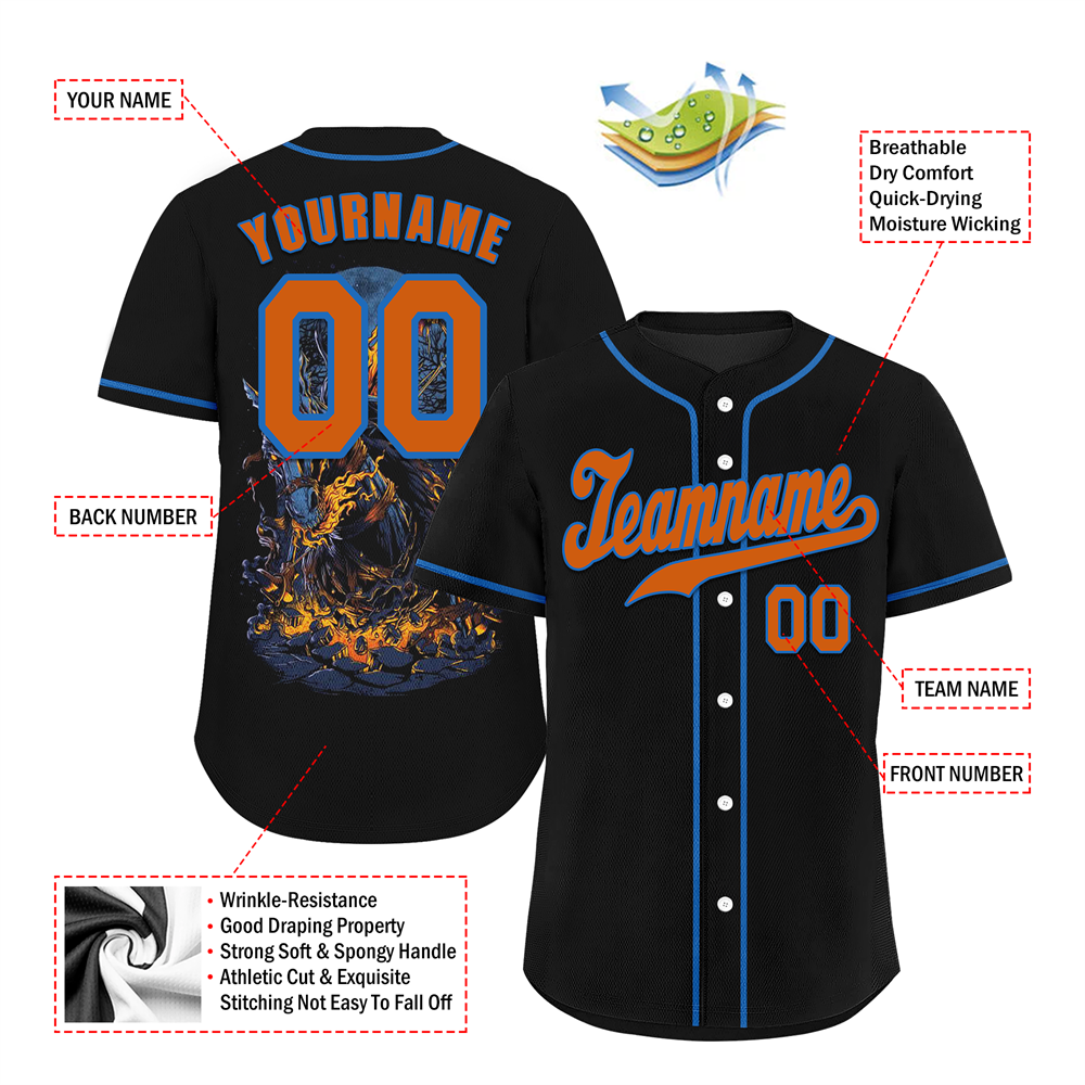 Corporate Gifts,Custom Black Skull Fashion Orange Authentic Baseball Jersey BSBJ0a-bc0fb9b