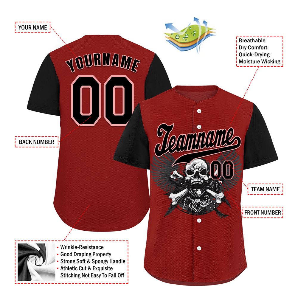 Corporate Gifts,Custom Red Black Skull Fashion Black Authentic Baseball Jersey BSBJ0a-bc0fb9e