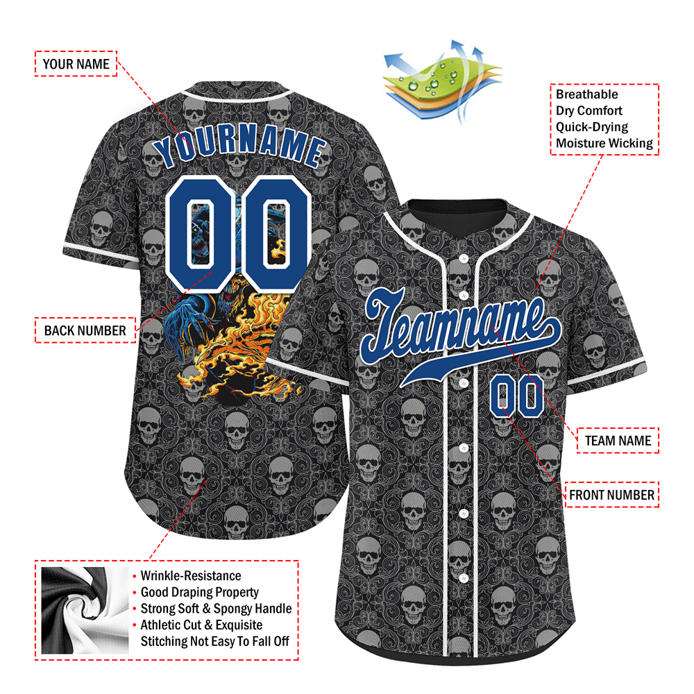 Corporate Gifts,Custom Grey Skull Fashion Blue Authentic Baseball Jersey BSBJ0a-bc0fb9f