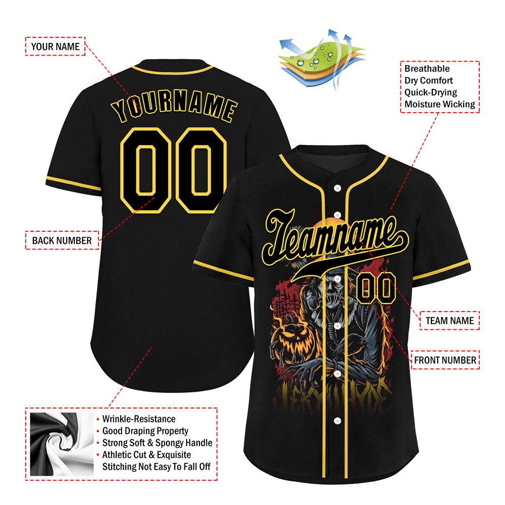 Corporate Gifts,Custom Black Yellow Skull Fashion Black Authentic Baseball Jersey BSBJ0a-bc0fb98