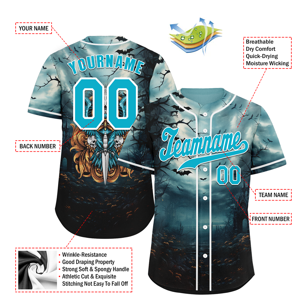 Corporate Gifts,Custom Aqua Black Skull Fashion Aqua Authentic Baseball Jersey BSBJ0a-bc0fb99