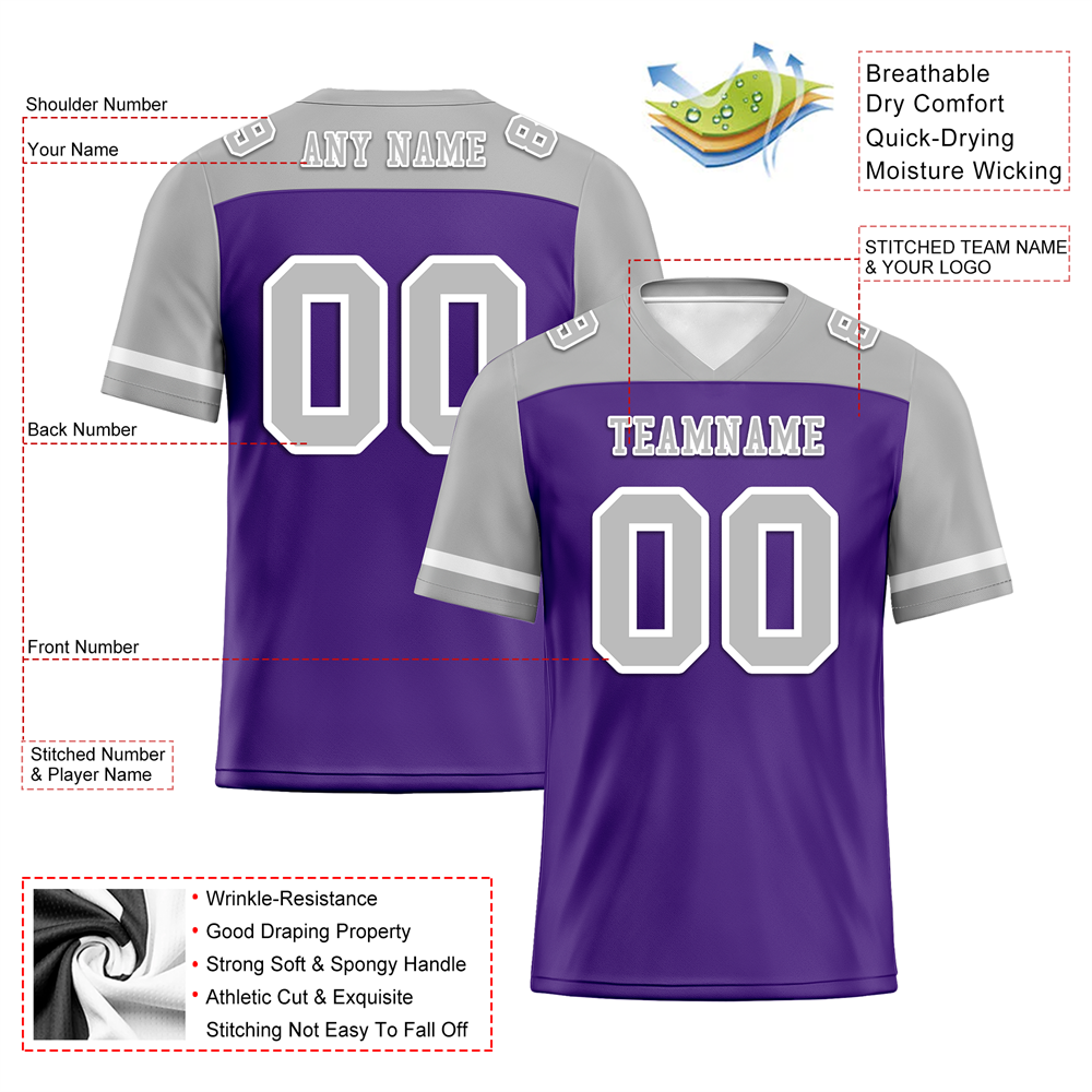 Corporate Gifts,Custom Purple Grey Raglan Sleeves Grey Personalized Authentic Football Jersey FBJ02-bc0f0b0