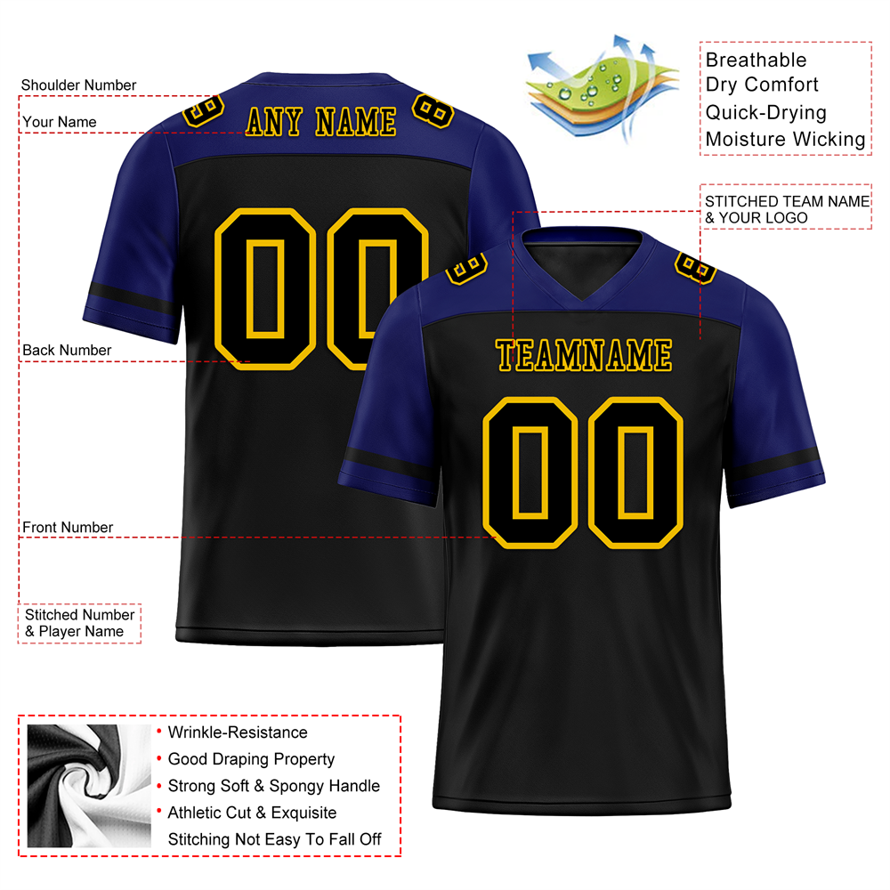 Corporate Gifts,Custom Black Blue Raglan Sleeves Black Personalized Authentic Football Jersey FBJ02-bc0f0bd