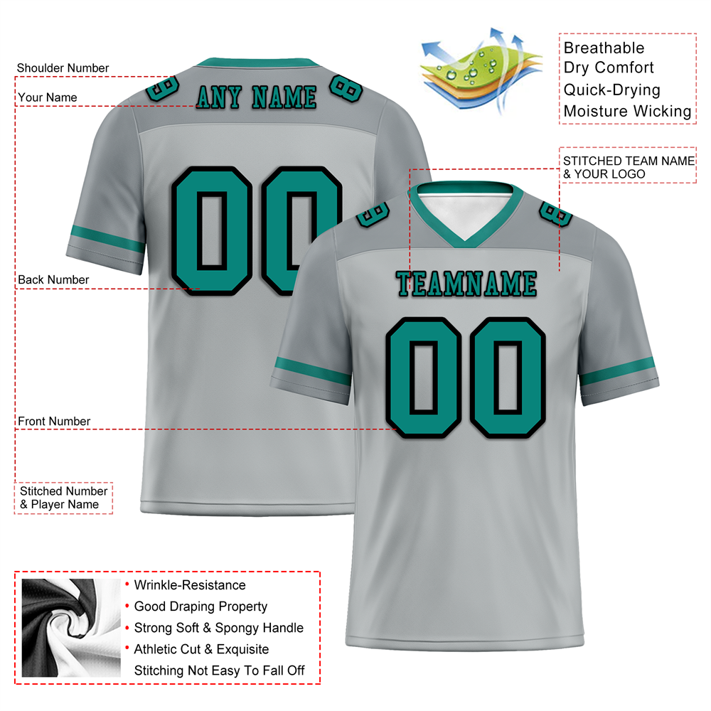 Corporate Gifts,Custom Grey Raglan Sleeves Aqua Personalized Authentic Football Jersey FBJ02-bc0f0bf