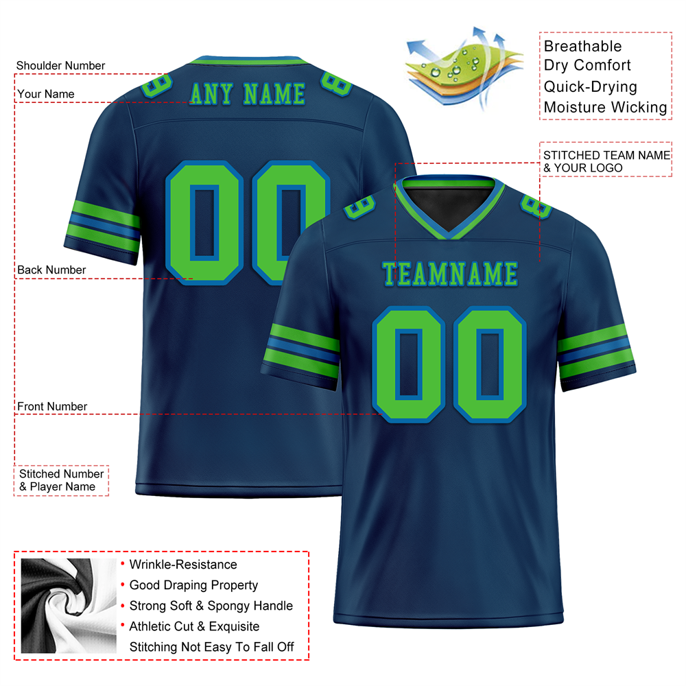 Custom Blue Sleeve Stripes Green Personalized Authentic Football Jersey FBJ02-bc0f07b