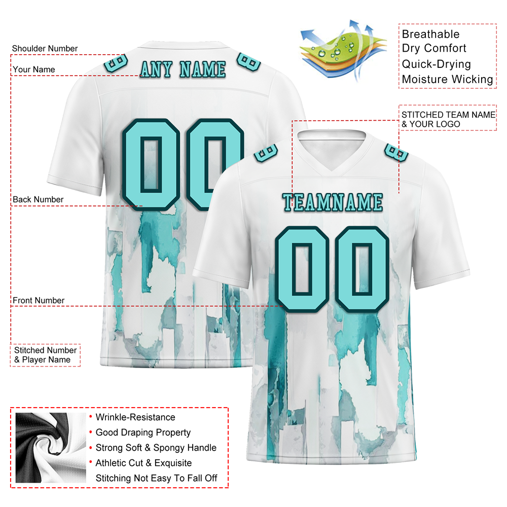Corporate Gifts,Custom White Graffiti Pattern Aqua Personalized Authentic Football Jersey FBJ02-bc0fabc